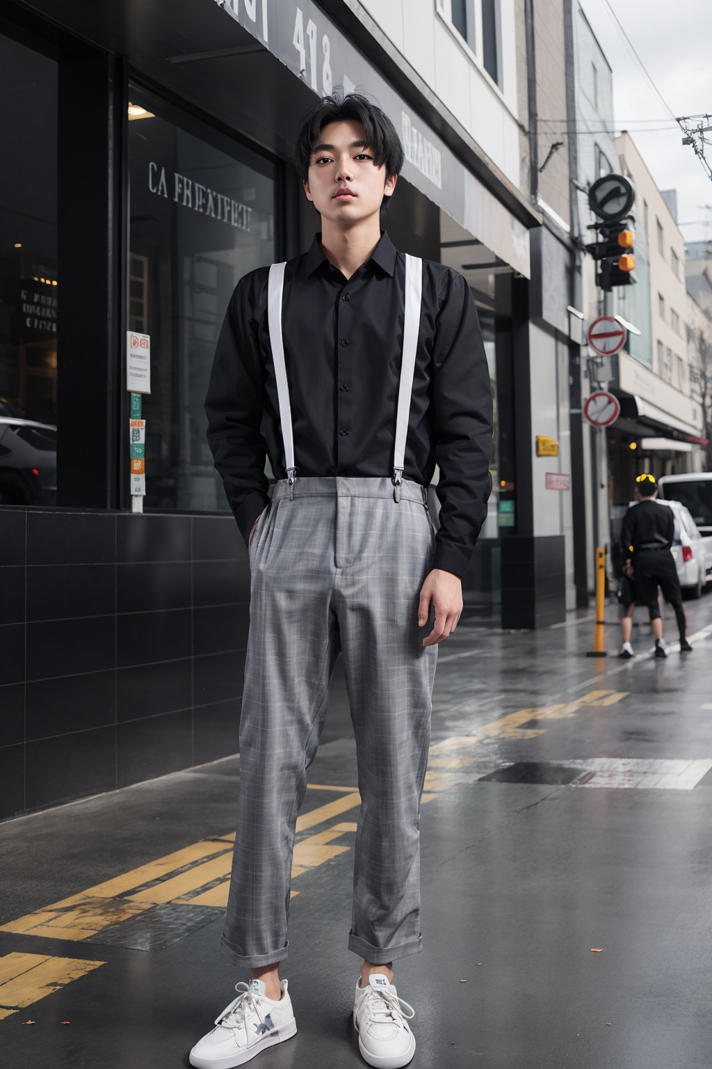 02292-2956835286-1boy, bag, black_hair,  grey_pants, male_focus,  pants, shirt, shoes, sneakers, solo, white_footwear, looking_at_viewer, short_h.png